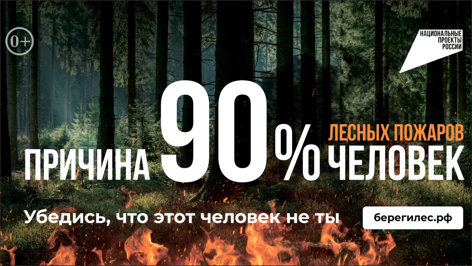 Останови огонь! Причина 90% лесных пожаров человек. Убедись, что этот человек не ты!